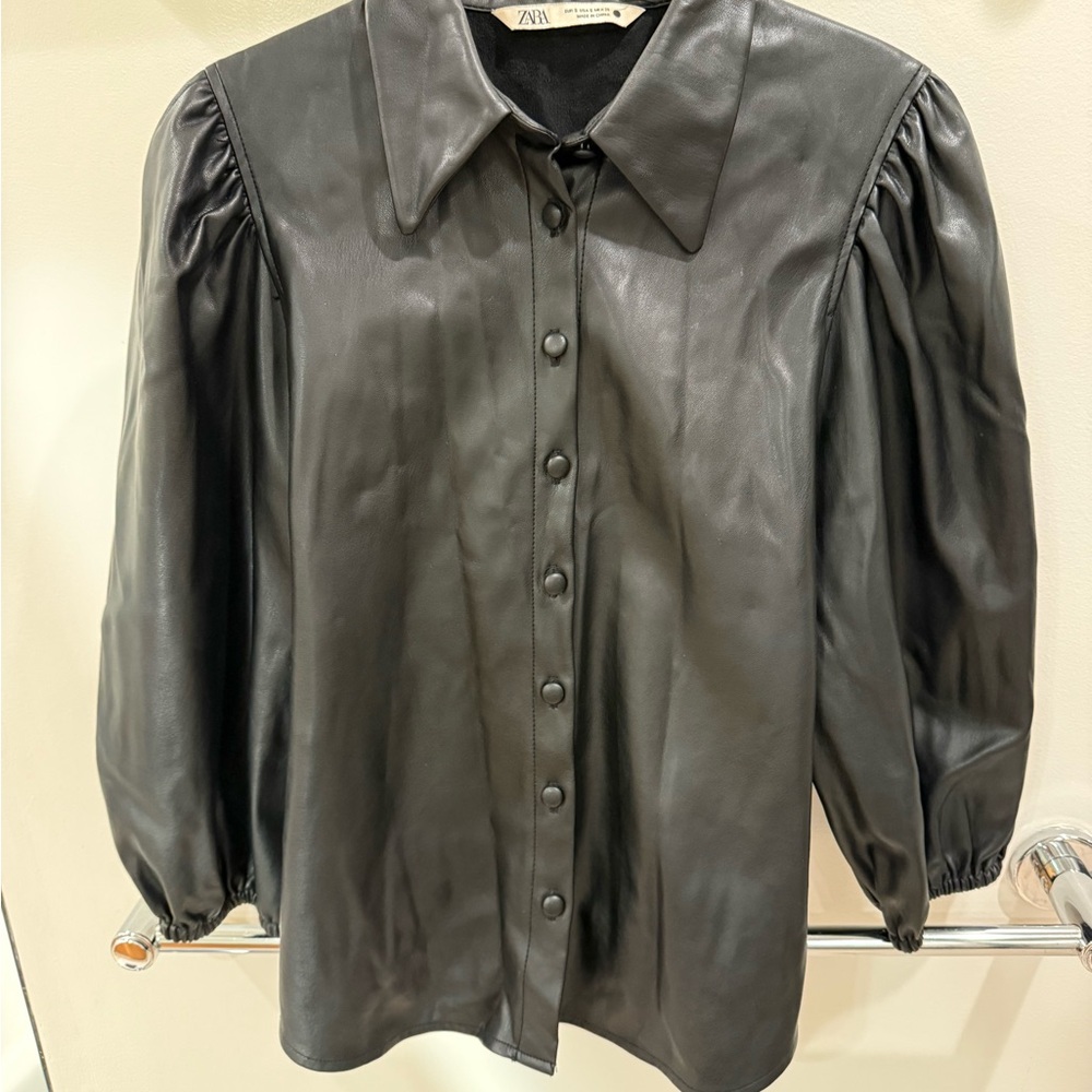 Zara Pleather Blouse with Puff Sleeves
